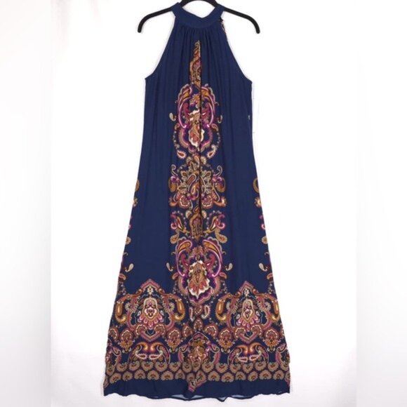 MSK Women's Navy Blue CHALLIS Printed Tied Halter Neck stretch MAXI Dress  MEDIUM Maxi
